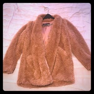 Kenneth Cole fuzzy faux fur pink beige coat